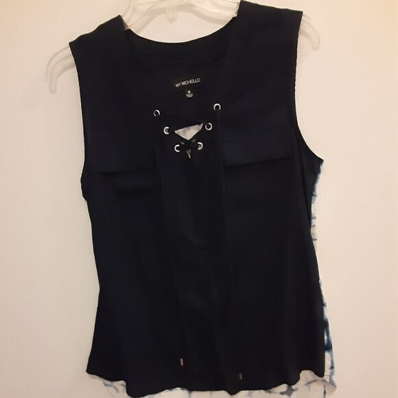 My Michelle Size M Navy Blue Sleeveless Top w/Laced V-Neck & 2 Front Pockets - Picture 1 of 4